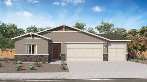 Single story exterior rendering B 3 car garage and stucco and stone