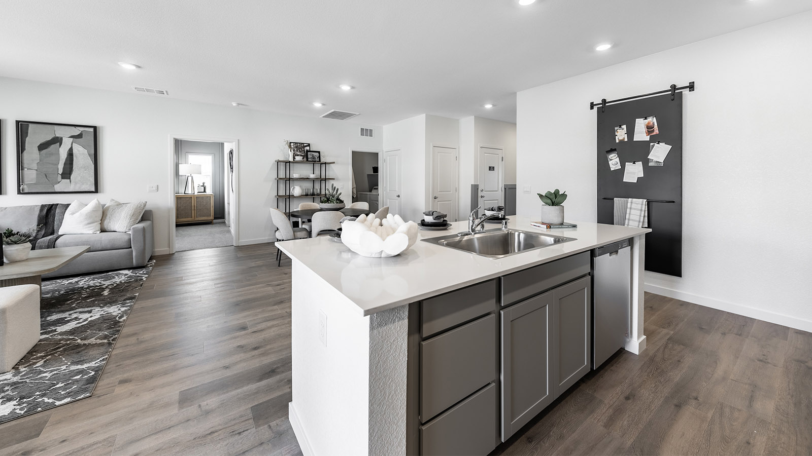 Kitchen island looking into open concept living area