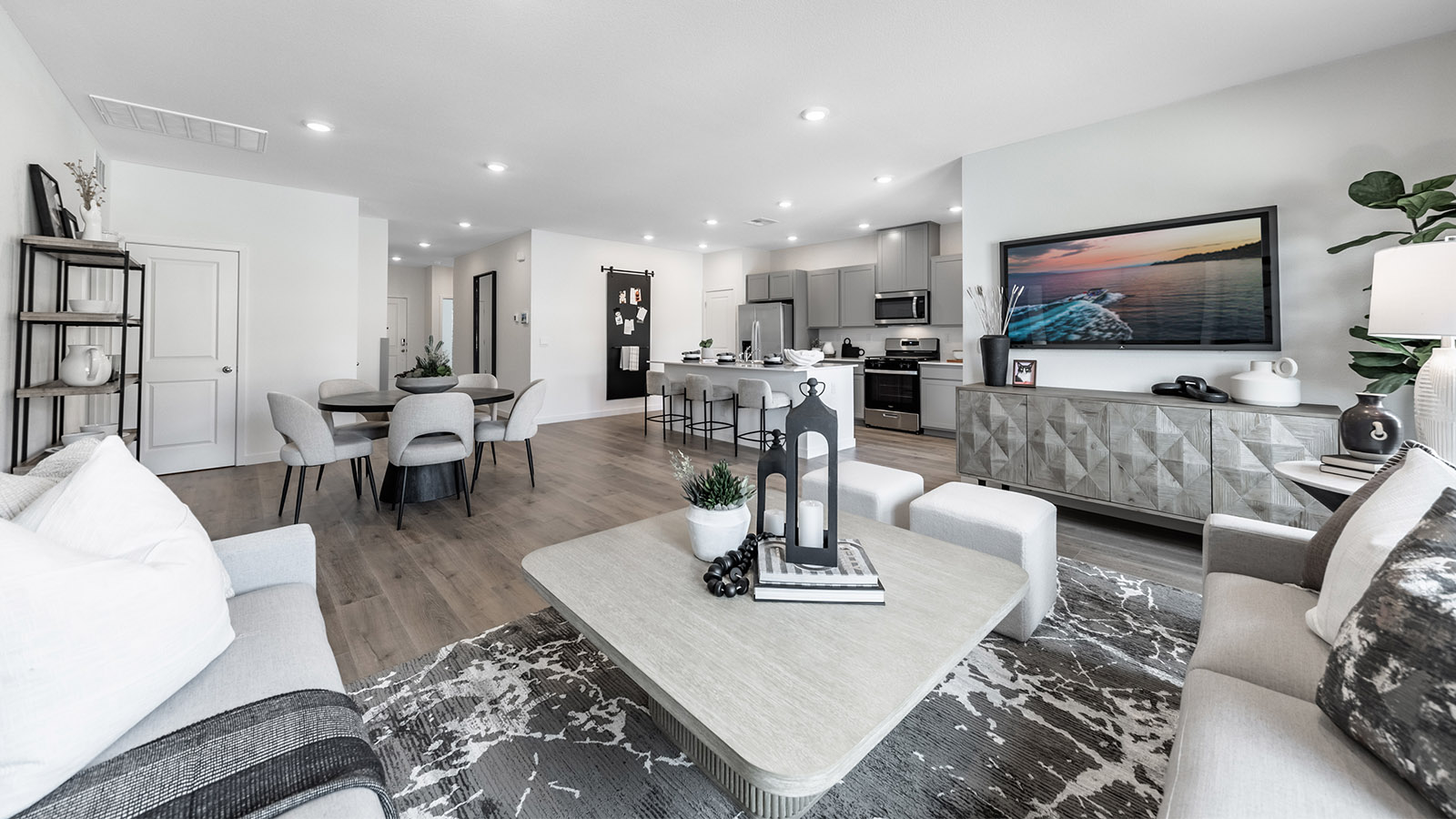 Living area looking into open concept living space