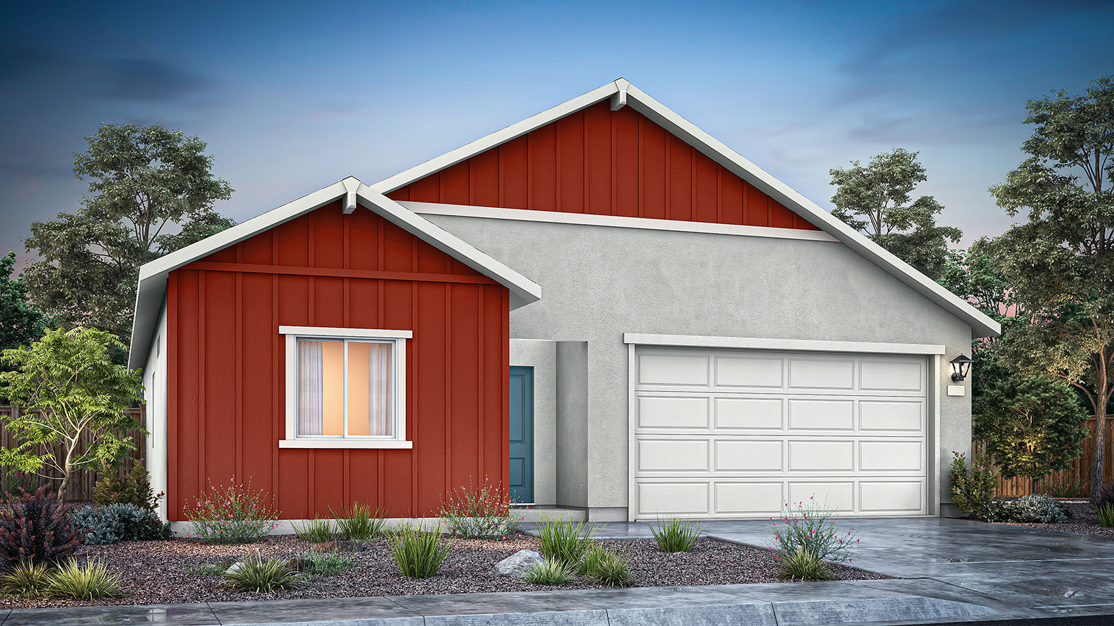 Single-story Topaz floorplan rendering with red board and baton accents
