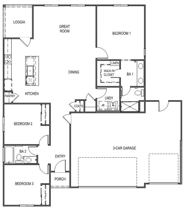 One story floorplan with three bedrooms and two bathrooms and three car garage