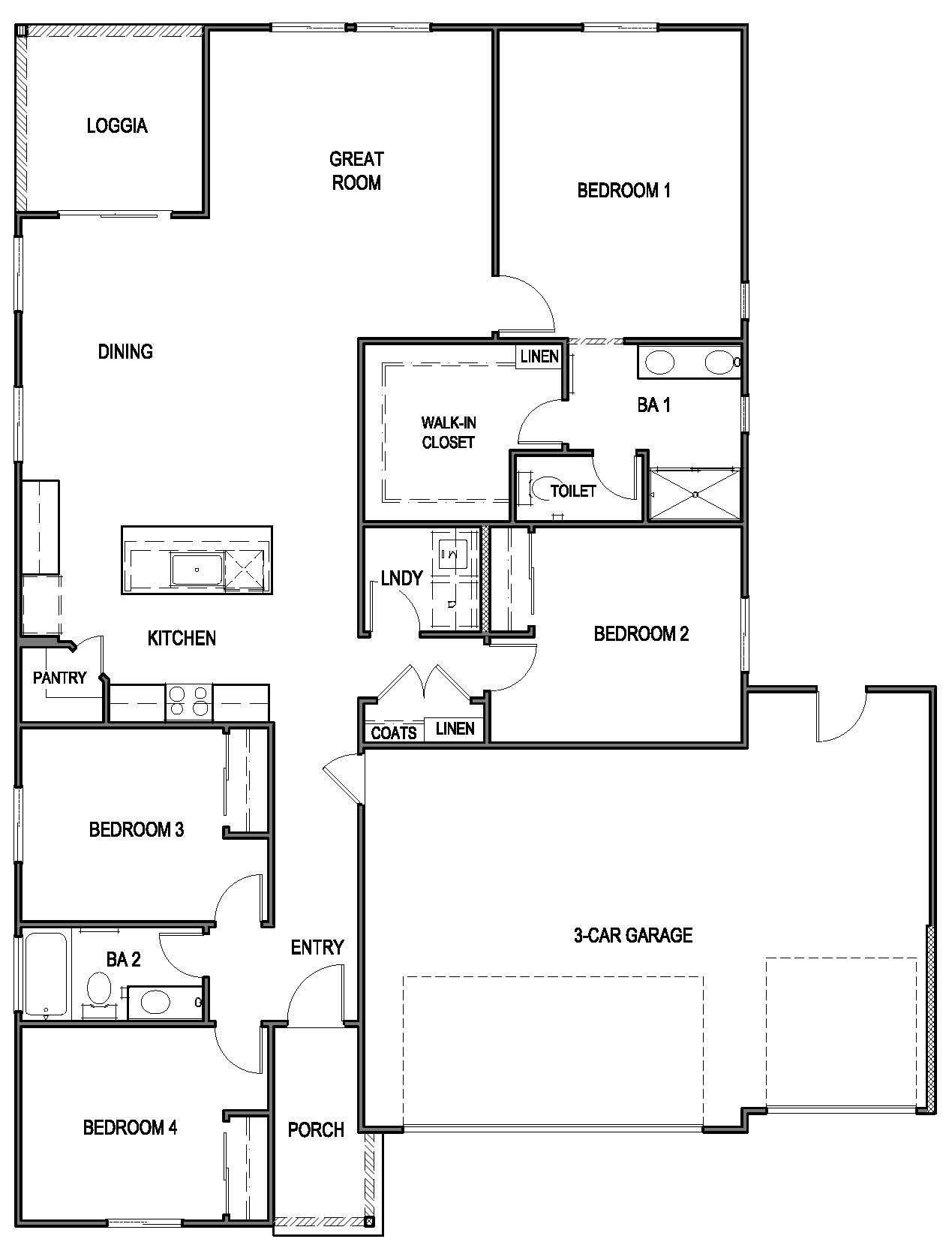 Four bedroom two bathroom 3 car garage floorplan topaz