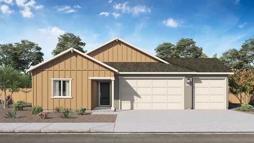 Floorplan Tahoe rendering one-story exterior option A with yellow exterior and three car garage
