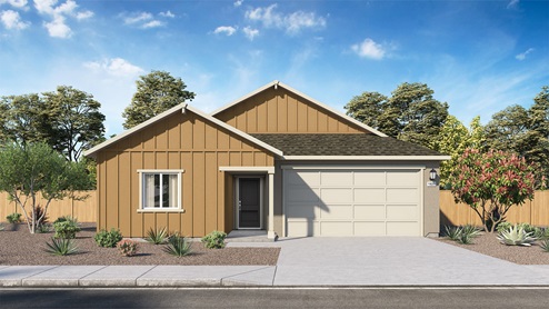 Floorplan Tahoe rendering one-story exterior option A with yellow exterior two car garage option