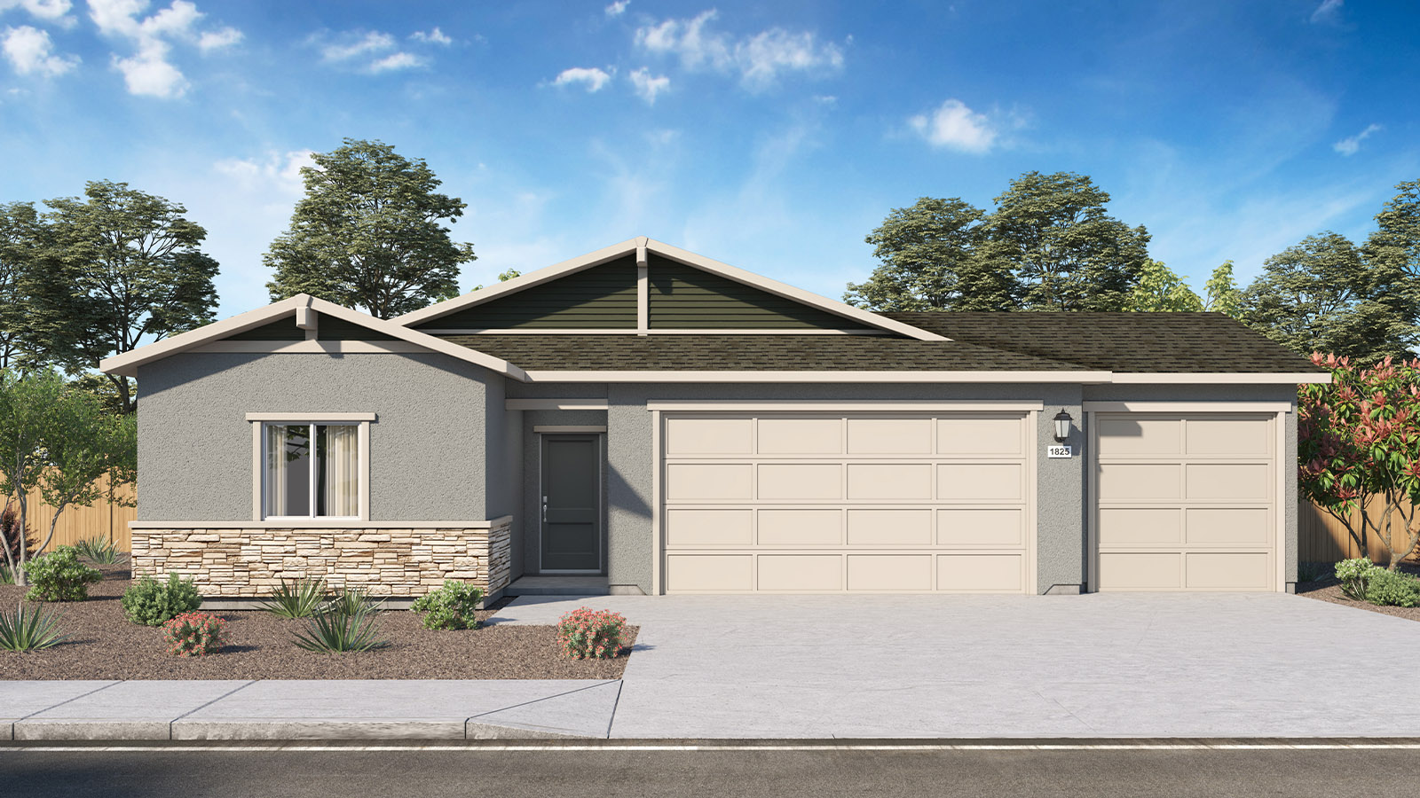Floorplan Tahoe rendering one-story elevation B with three car garage and grey exterior