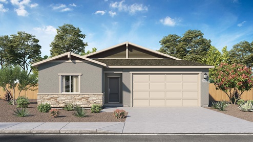 Floorplan Tahoe rendering one-story elevation B with two car garage and grey exterior