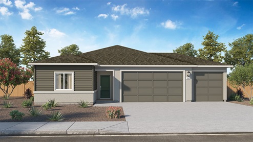 Floorplan Tahoe rendering one-story exterior with three car garage and dark accents