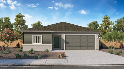 Floorplan Tahoe rendering one-story exterior with two car garage and dark accents