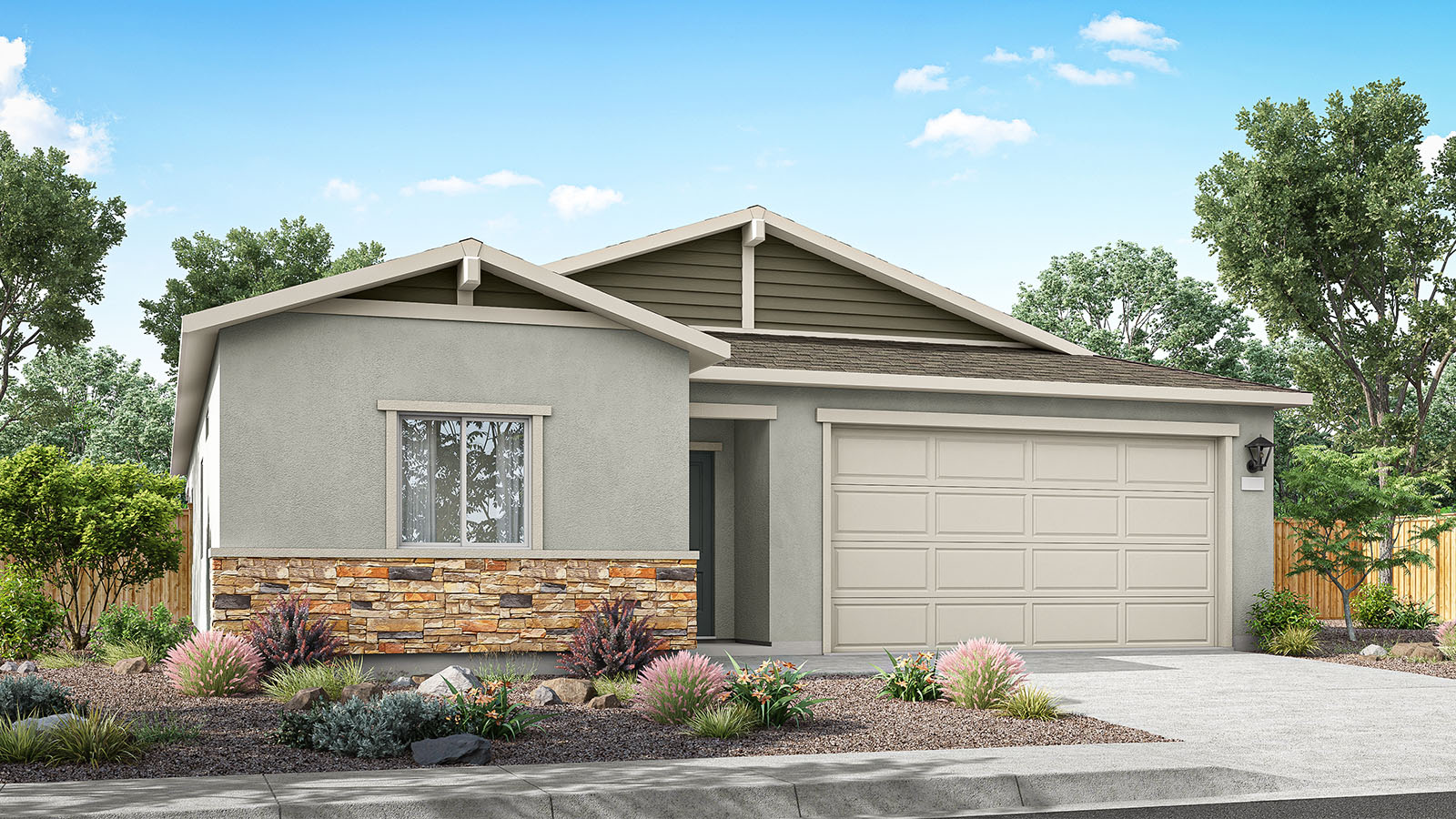 Single-story Tahoe rendered elevation with stucco and stone