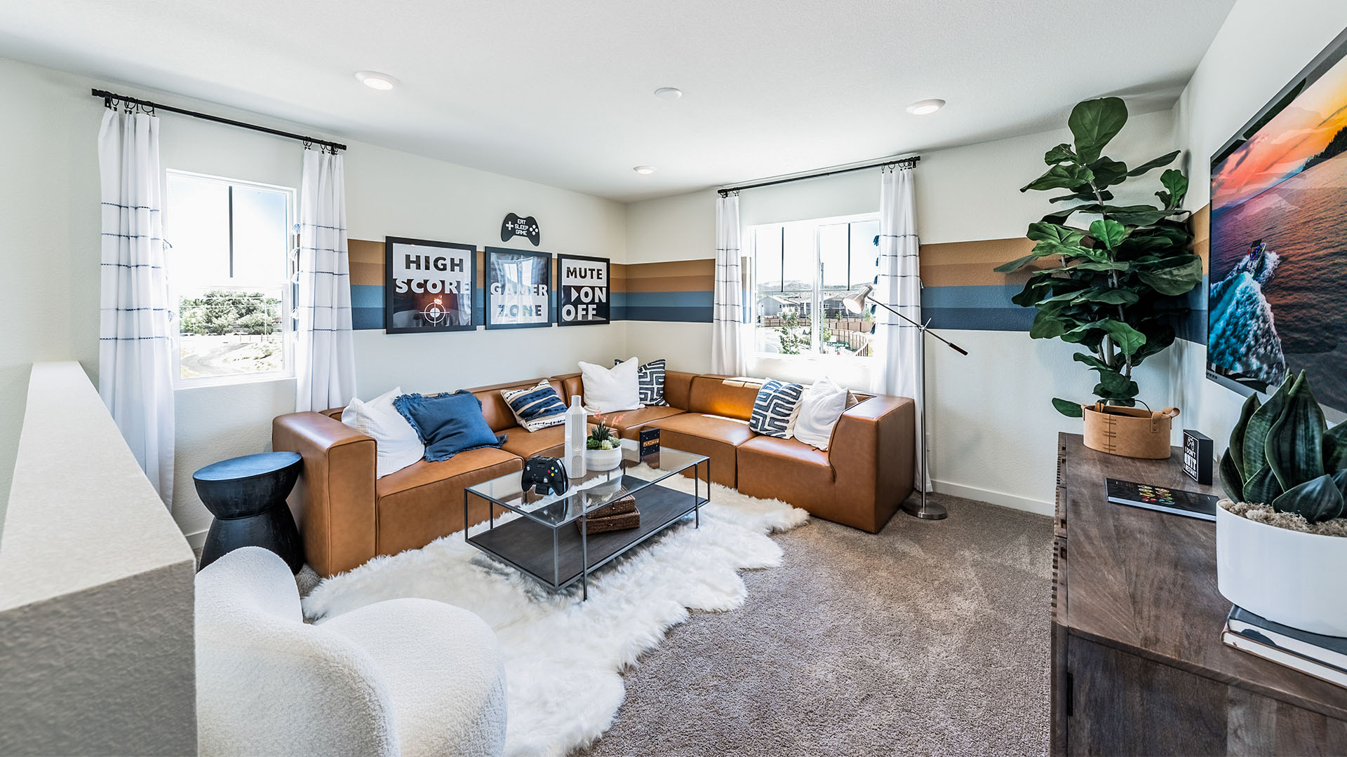 Second floor landing decorated as a media room
