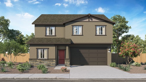 Floorplan Yosemite elevation option B rendering two-story home with two car garage and dark exterior