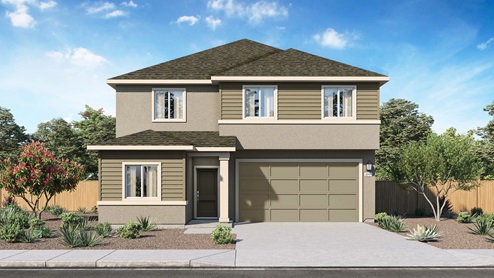 Floorplan Yosemite elevation option D rendering two-story home with two car garage and light exterior