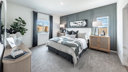Large primary bedroom with two windows and carpeted floor