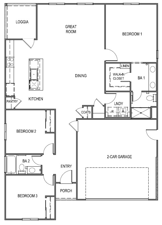 One story floorplan with three bedrooms and two bathrooms