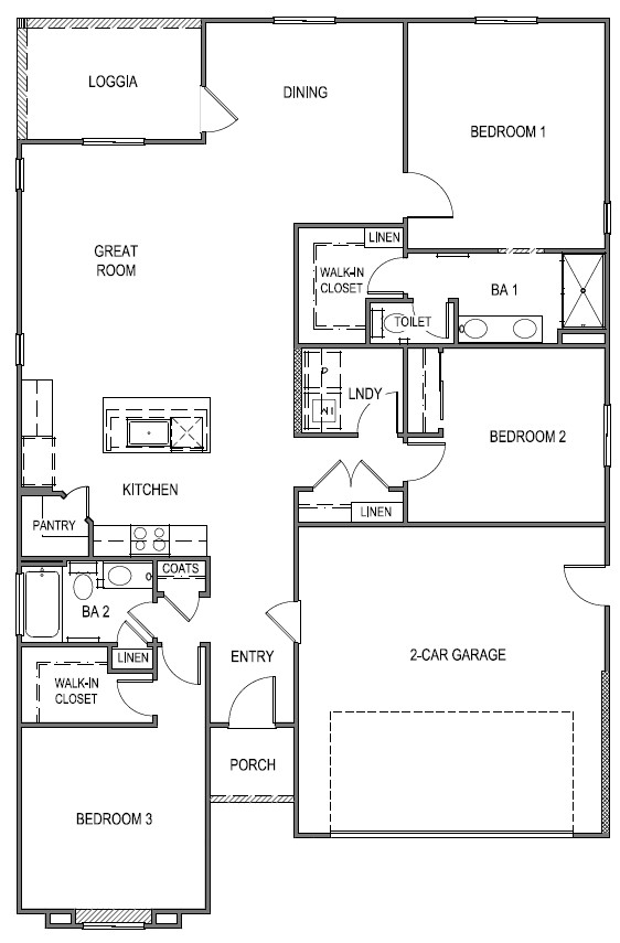 Floorplan with three bedrooms and two baths