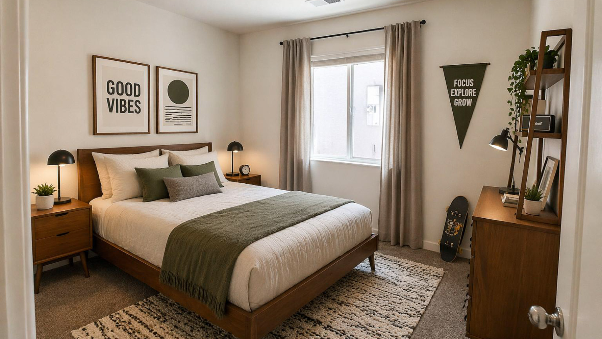Secondary bedroom in the Glacier floorplan rendered with mid-century modern furniture for a teenager