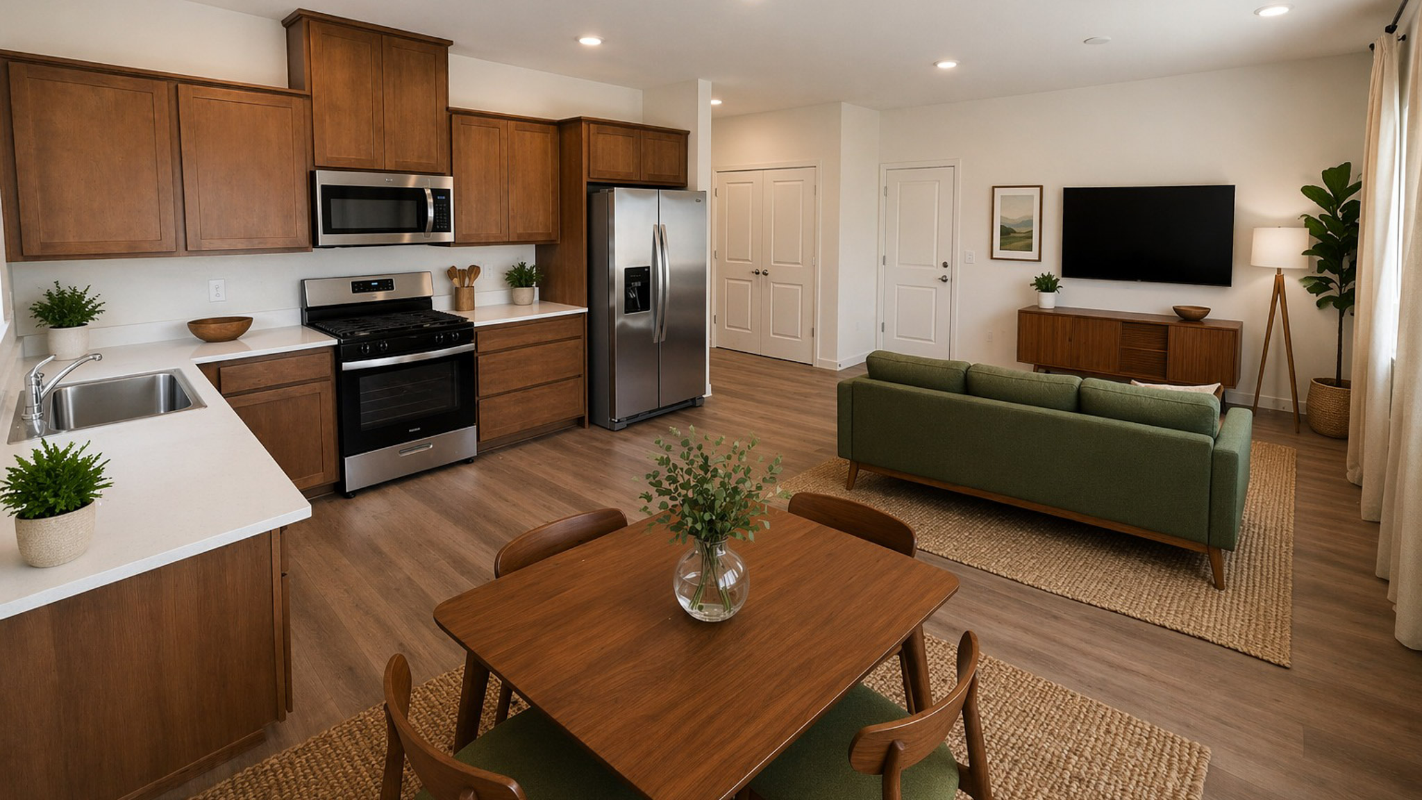 Rendered open dining room, kitchen, and living room area with room for a 4-top table and a tv mounted to the wall in front of a love seat sofa.