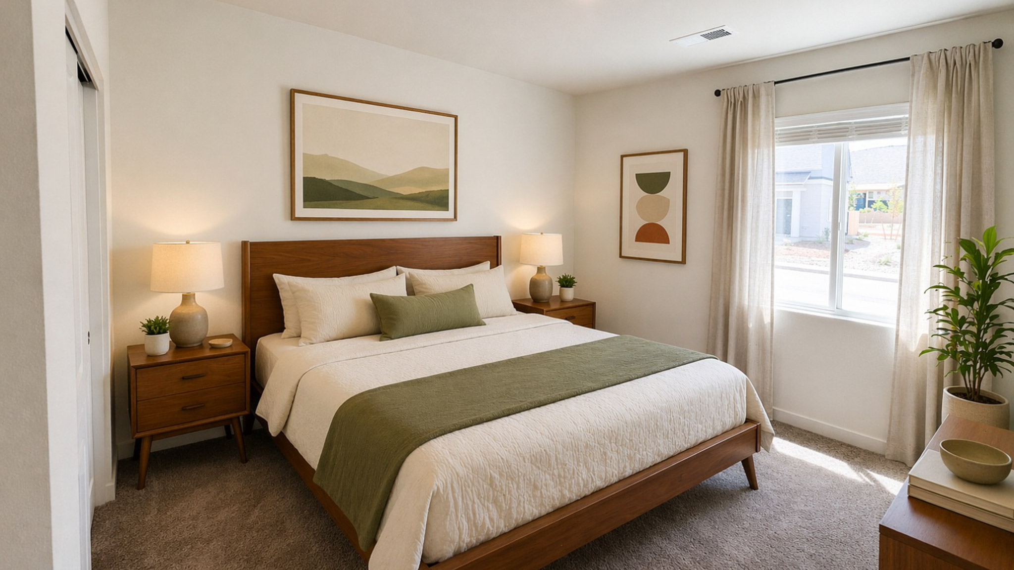 The primary bedroom in the Glacier rendered with mid-century modern furniture.
