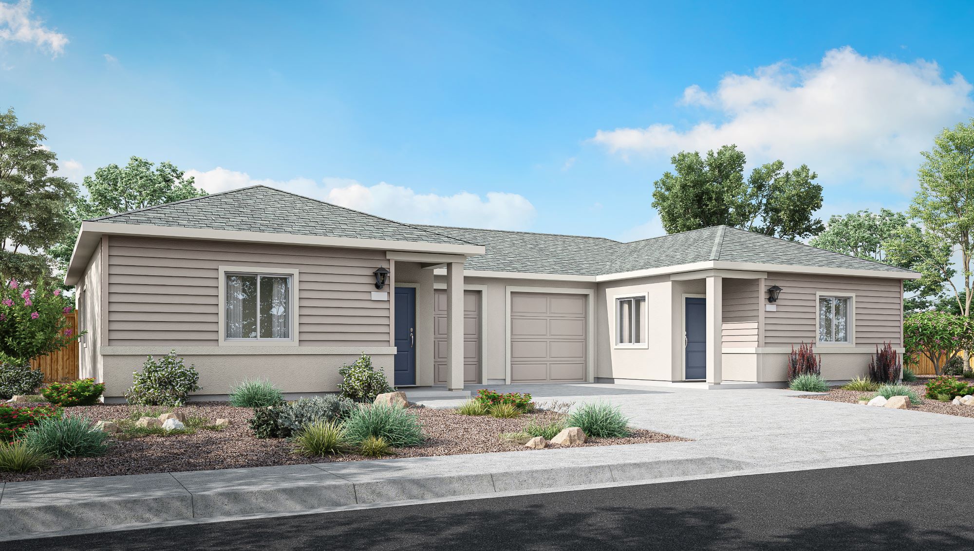 One story duet rendering with one car garage