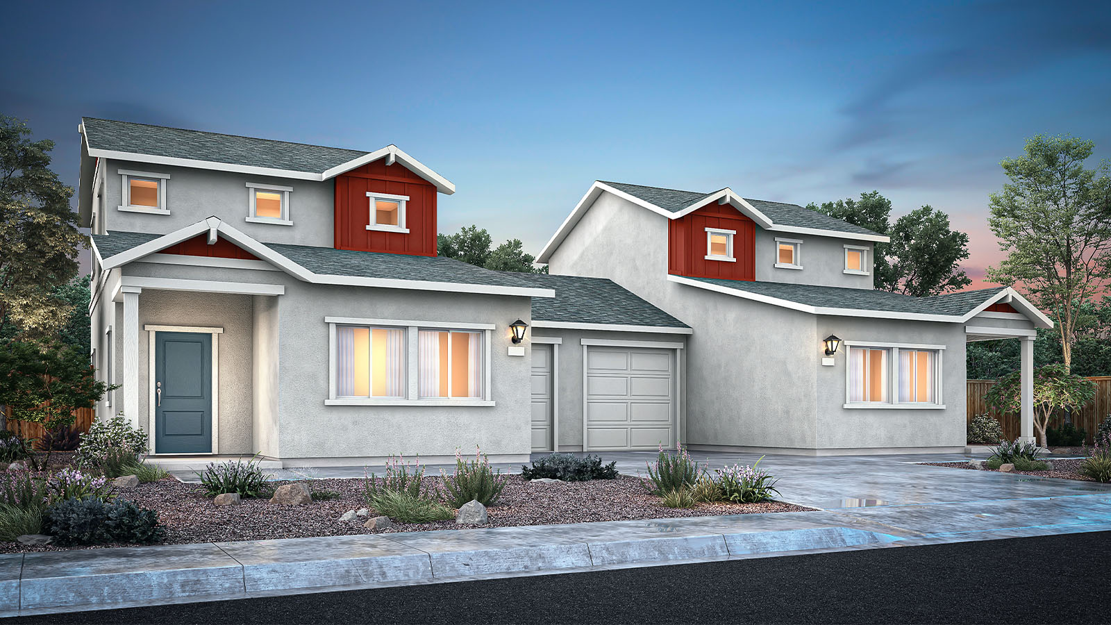 Exterior rendering of elevation A of the Denali plan, an attached home with tan stucco siding, red board-and-batten accents, a one-car garage, and low-maintenance landscaping.