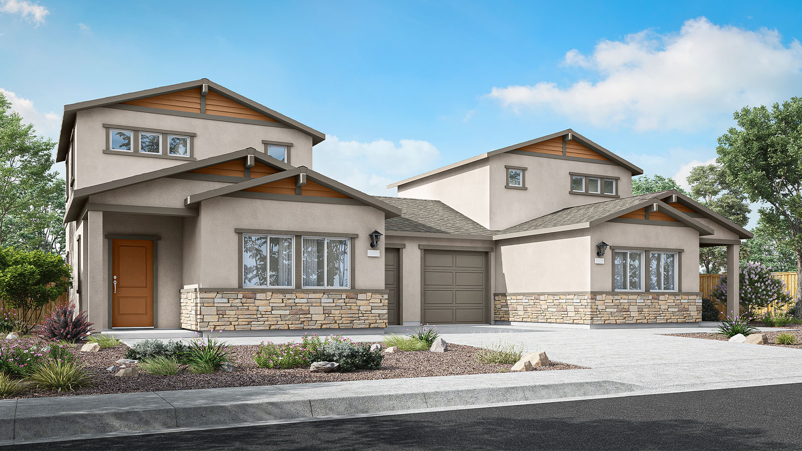 Exterior rendering of elevation B of the Denali plan, an attached home with tan stucco siding, taupe trim, a stacked stone water-table, and warm brown front door and accent siding in the gables.