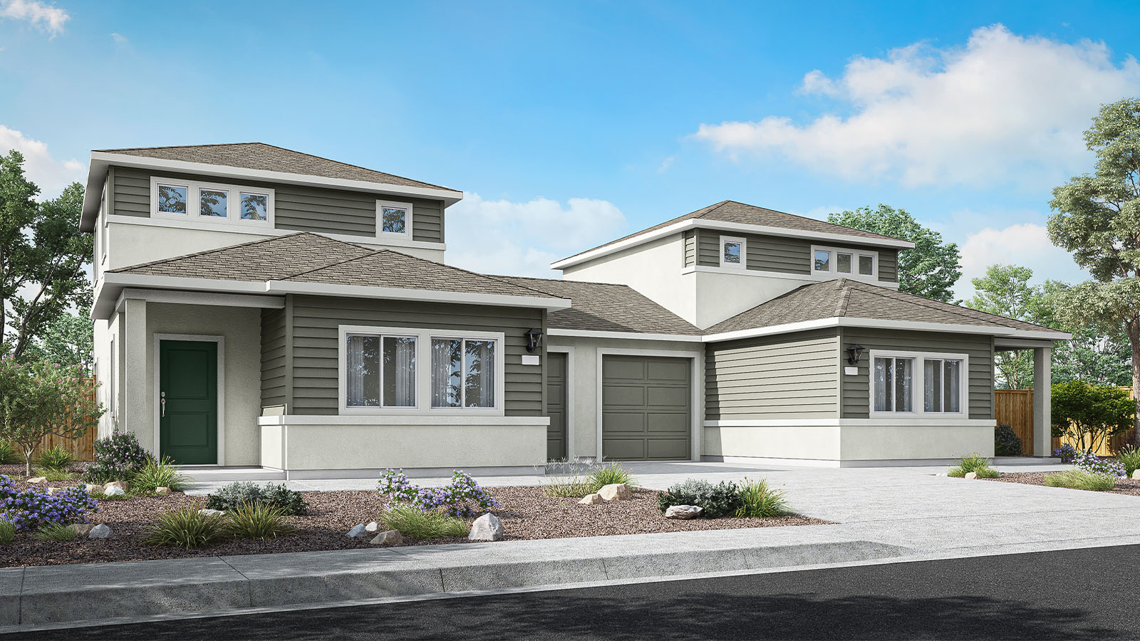 Exterior rendering of elevation D of the Denali plan, an attached home with a single-car garage, a combination of horizontal plank and stucco siding, a deep green front door, and low-maintenance landscaping.