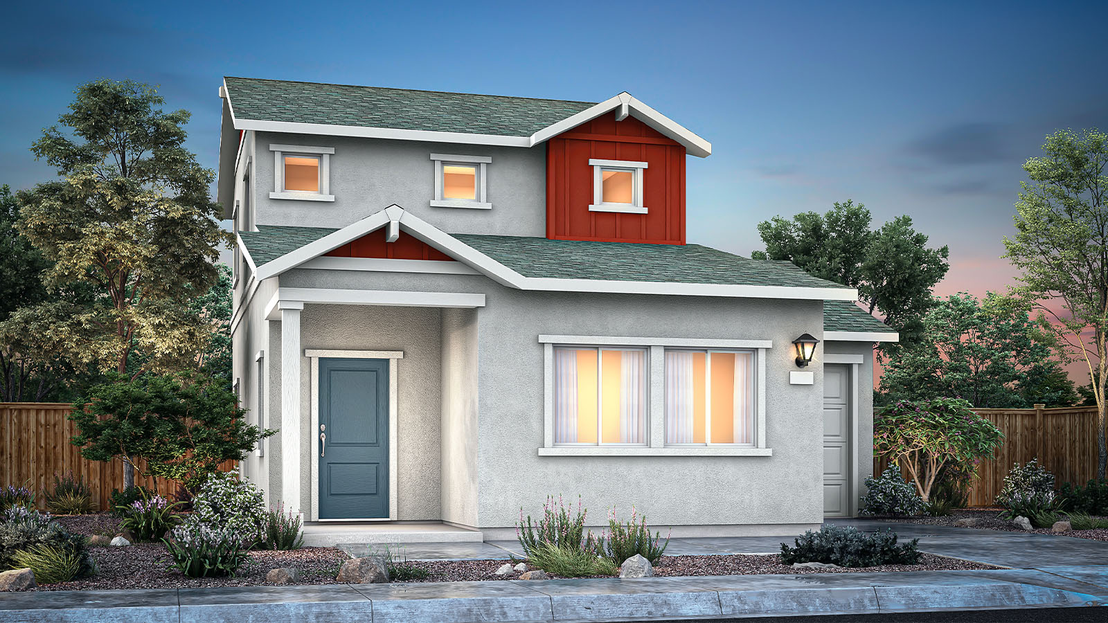 Exterior rendering of elevation A of the Denali plan, a detached home with tan stucco siding, red board-and-batten accents, a one-car garage, and low-maintenance landscaping.