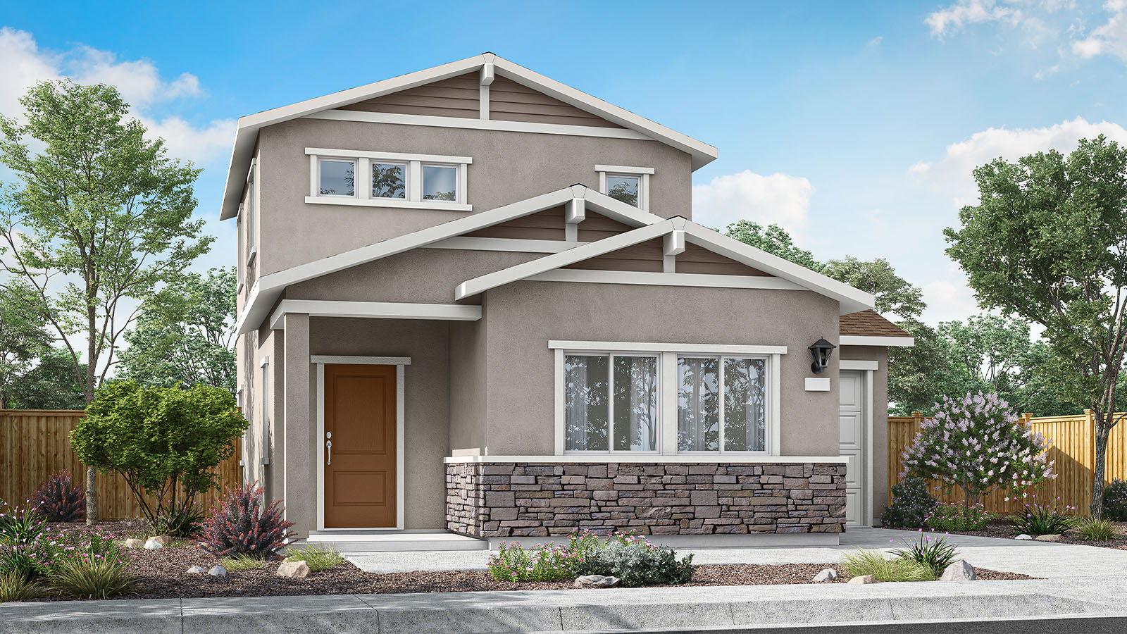 Exterior rendering of elevation B of the Denali plan, a detached home with tan stucco siding, light trim, a stacked stone water-table, a warm brown front door, and accent siding in the gables.