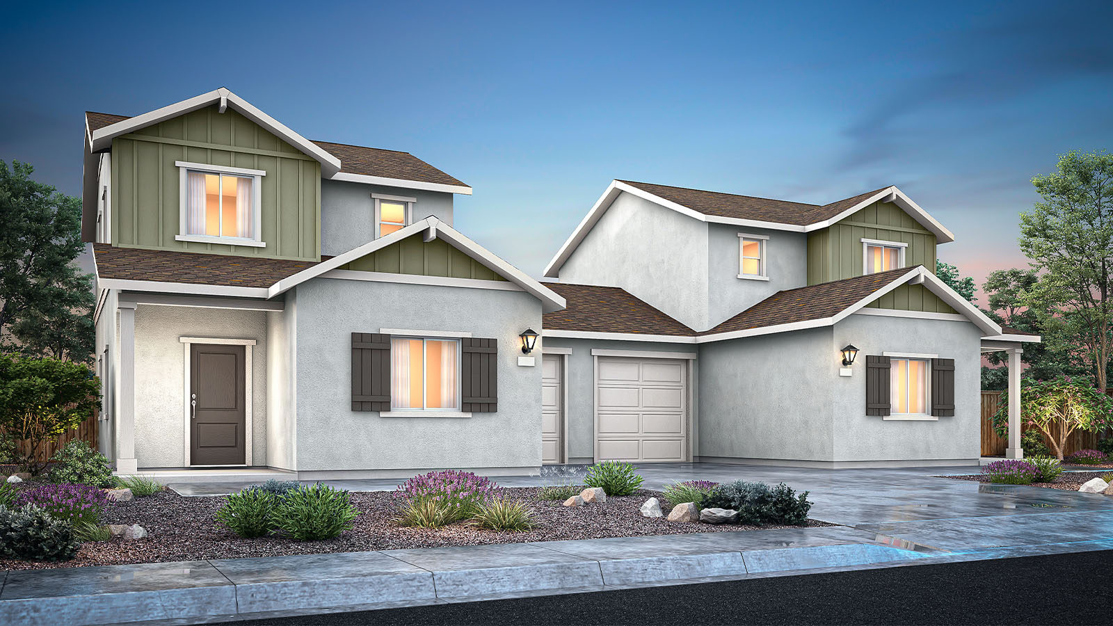 Exterior rendering of elevation A of the Lassen plan, an attached home with neutral stucco siding, sage green board-and-batten accents, brown shutters and front door, and a one-car garage.