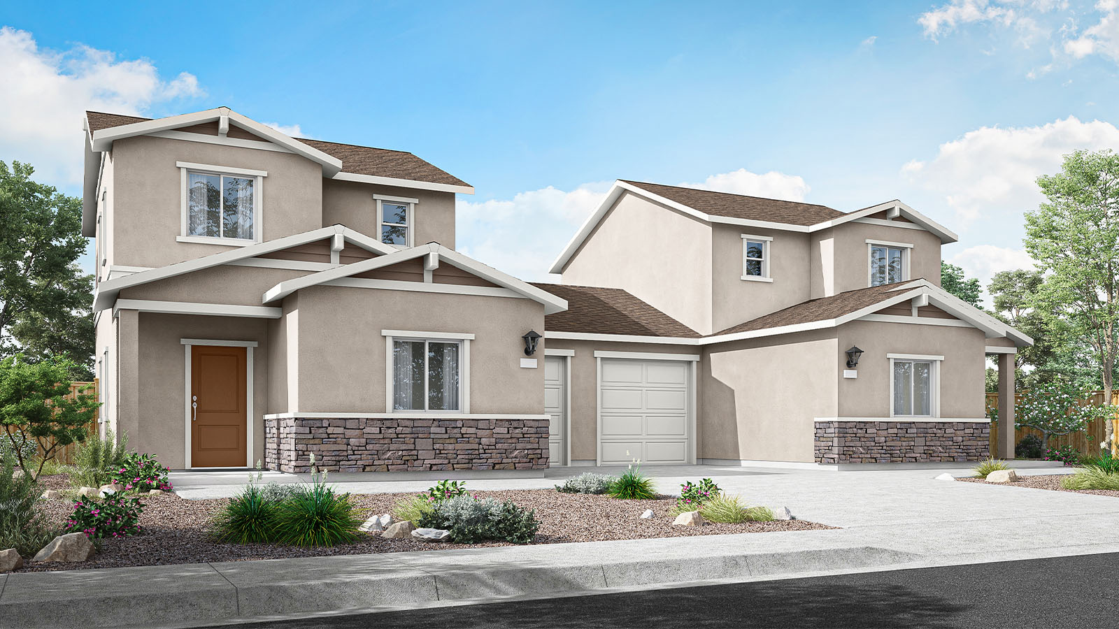 Exterior rendering of elevation B of the Lassen plan, an attached home with tan stucco siding, light trim, a stacked-stone water table, horizontal plank siding accents in the gables, and a warm brown front door.
