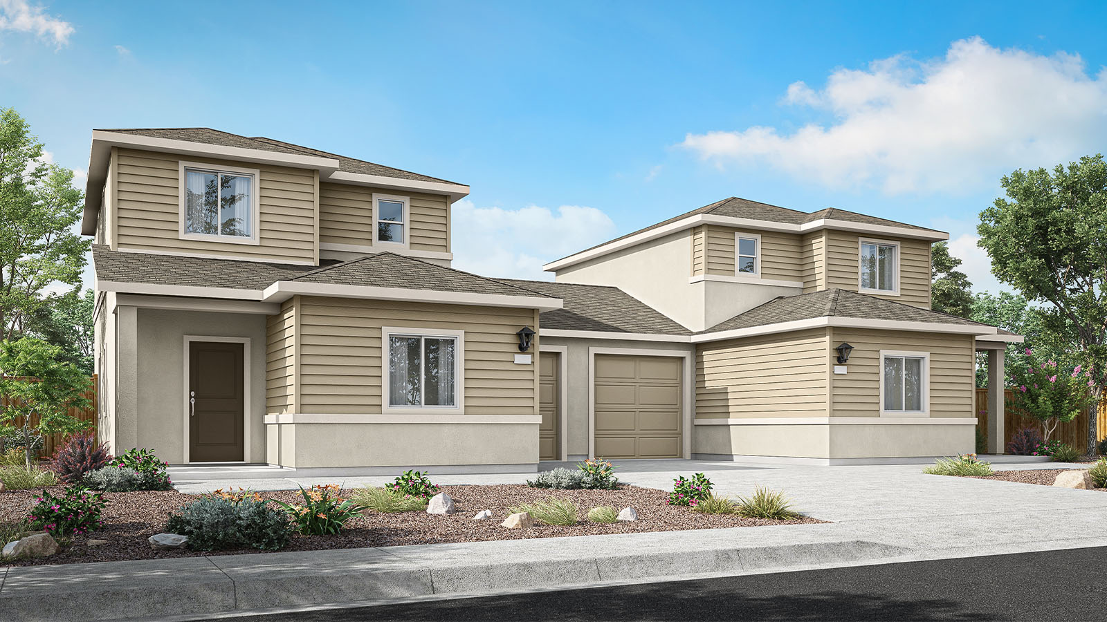 Exterior rendering of elevation D of the Lassen plan, an attached home with a combination of horizontal plank and stucco siding in neutral colors, a one-car garage, and a brown front door.