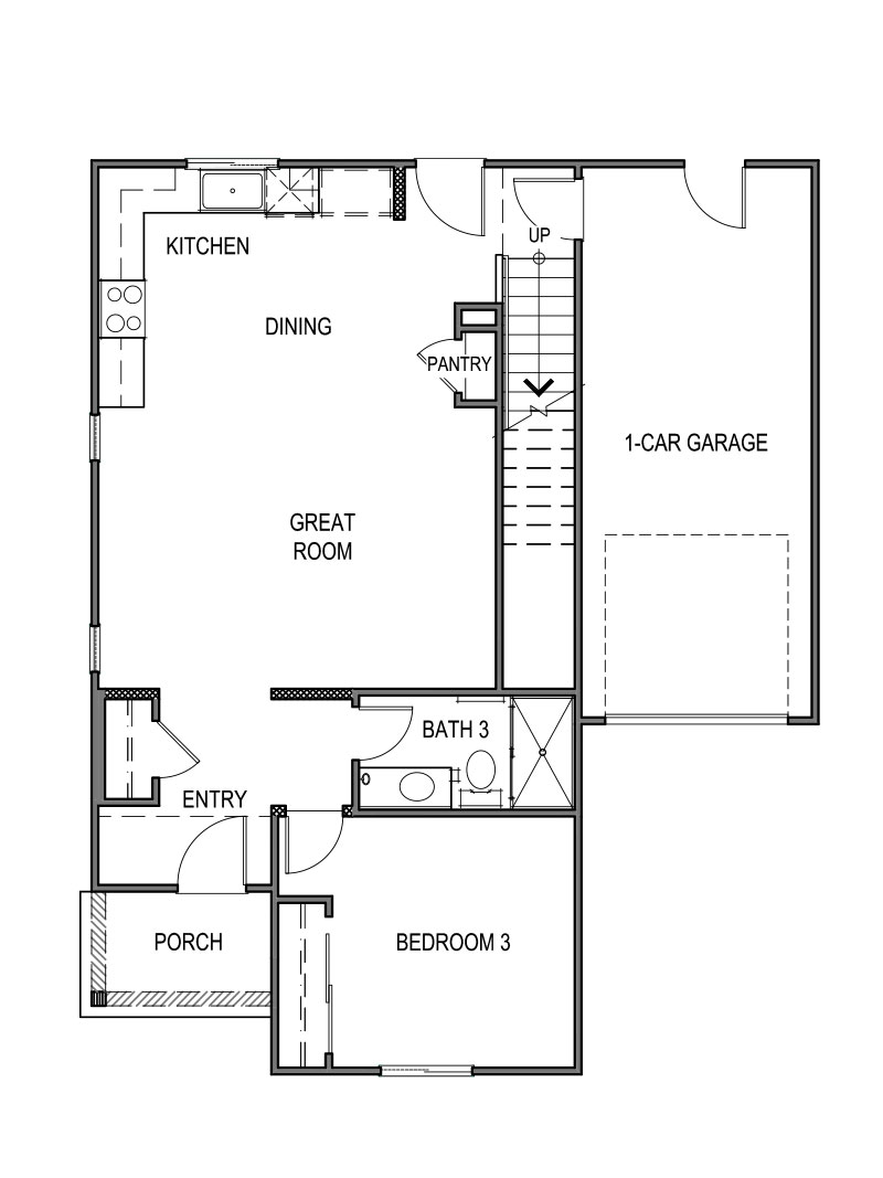 Floorplan image of the main level of the Lassen plan, with a great room, kitchen and dining room, and a full bedroom and bathroom.