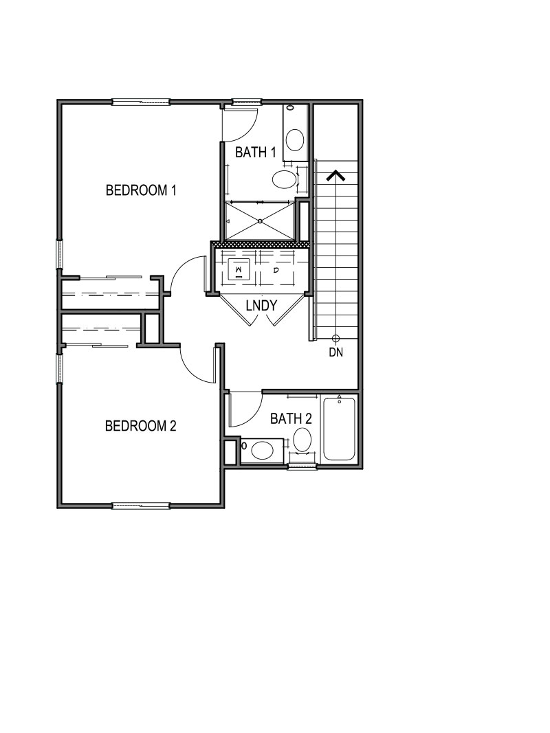 Floorplan image of the second level of the Lassen plan, with two bedrooms, two full bathrooms, and a laundry room.