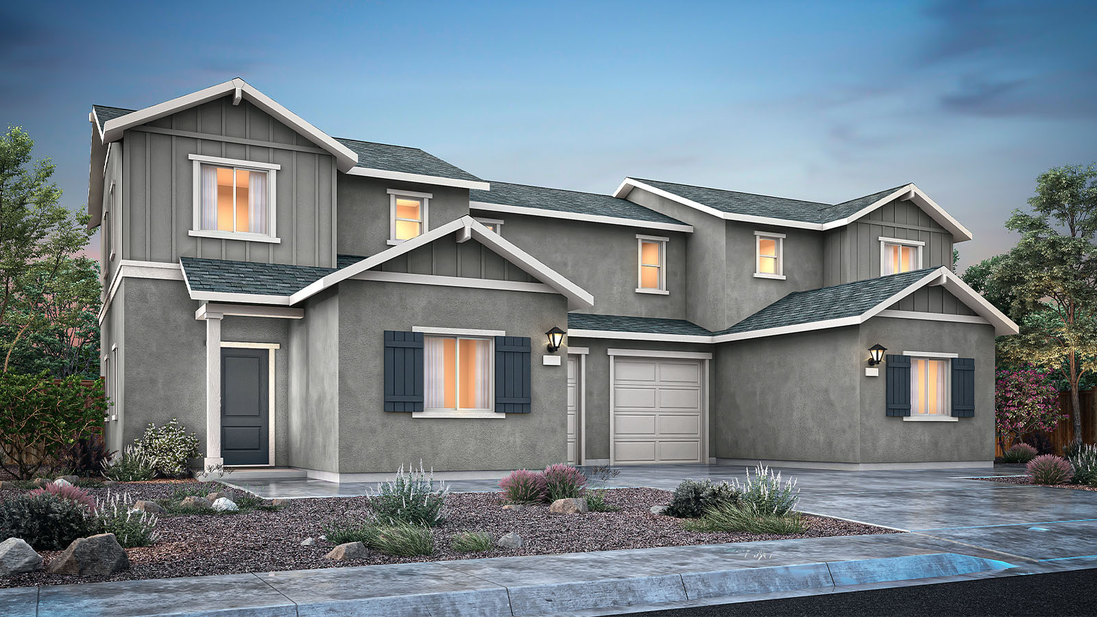Exterior rendering of elevation A of the Saguaro plan, an attached home boasting gray stucco siding with gray board-and-batten accents, a charcoal gray front door and shutters on the bottom window, and a one-car garage.