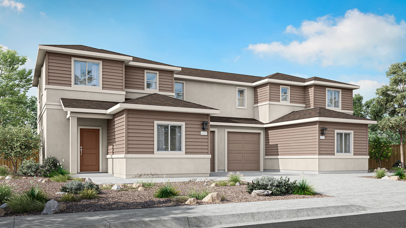Exterior rendering of elevation D of the Saguaro plan, an attached home with a combination of stucco and horizontal plank siding, a warm brown front door, one-car garage, and low-maintenance landscaping.