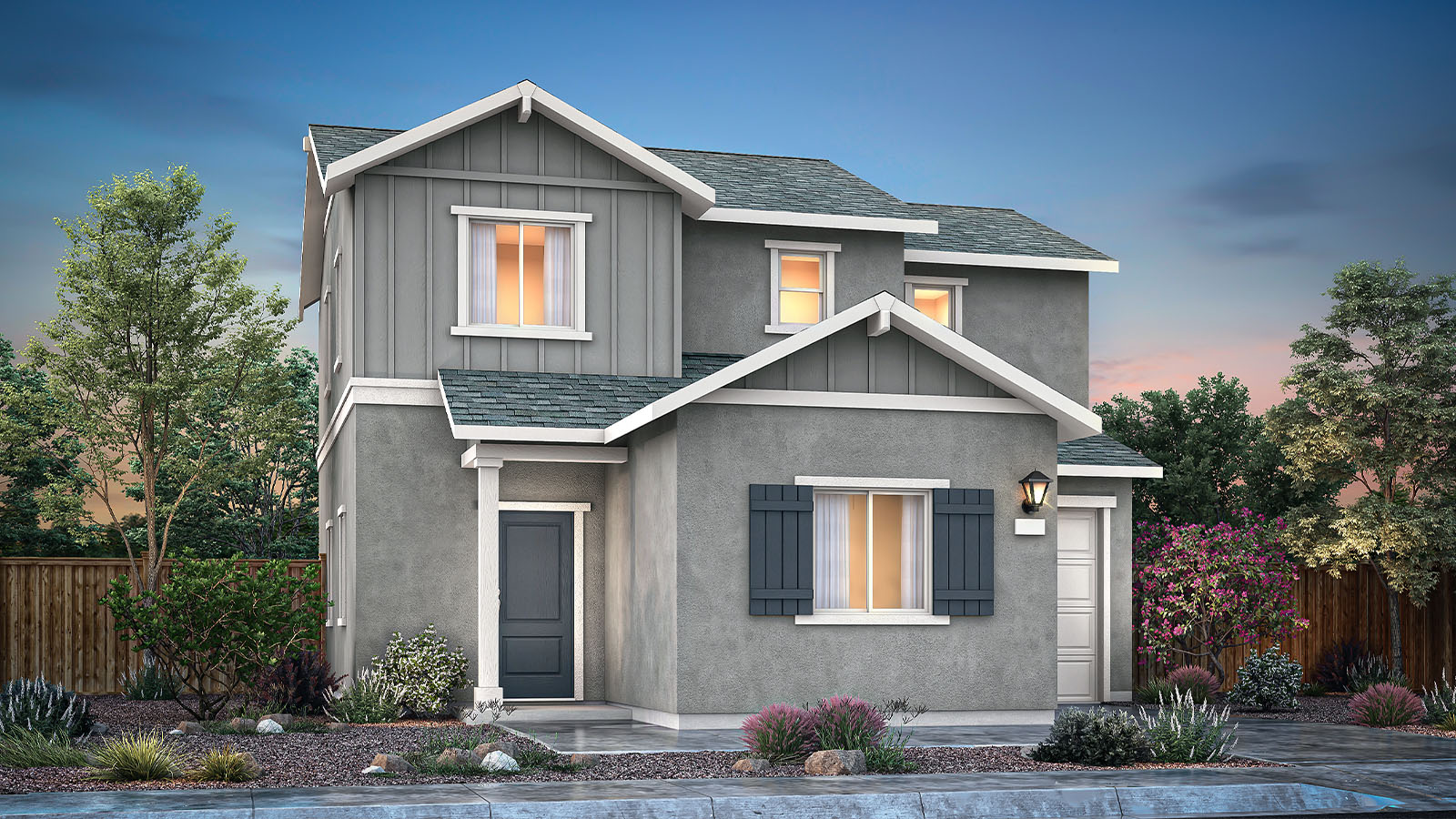 Exterior rendering of elevation A of the Saguaro plan, a detached home boasting gray stucco siding with gray board-and-batten accents, a charcoal gray front door and shutters on the bottom window, and a one-car garage.