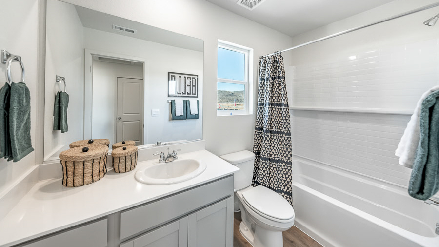 Secondary bathroom with a single vanity with gray, shaker-style cabinets and white countertop and a tub-shower combo.