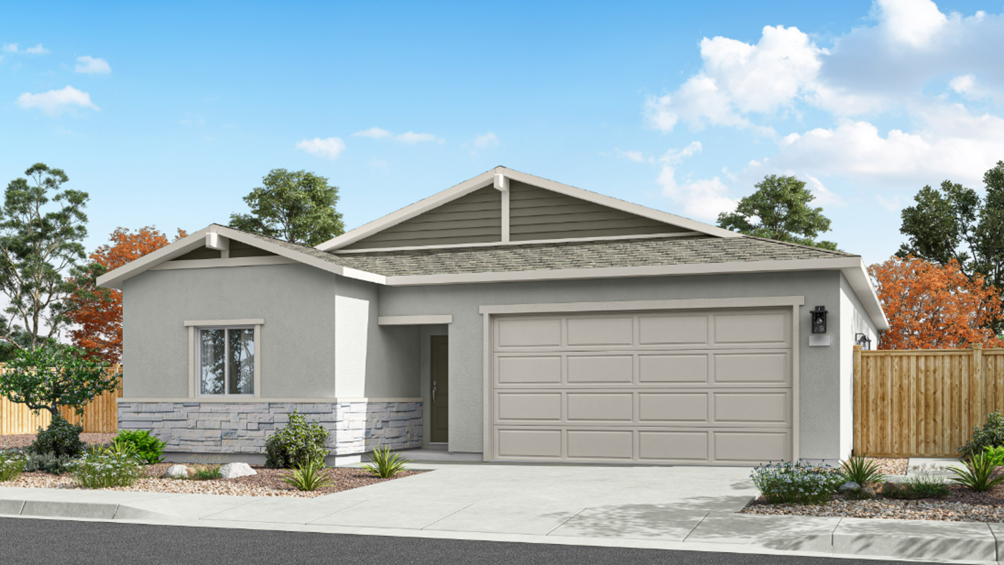 Single-story Tahoe rendered elevation with stucco and stone