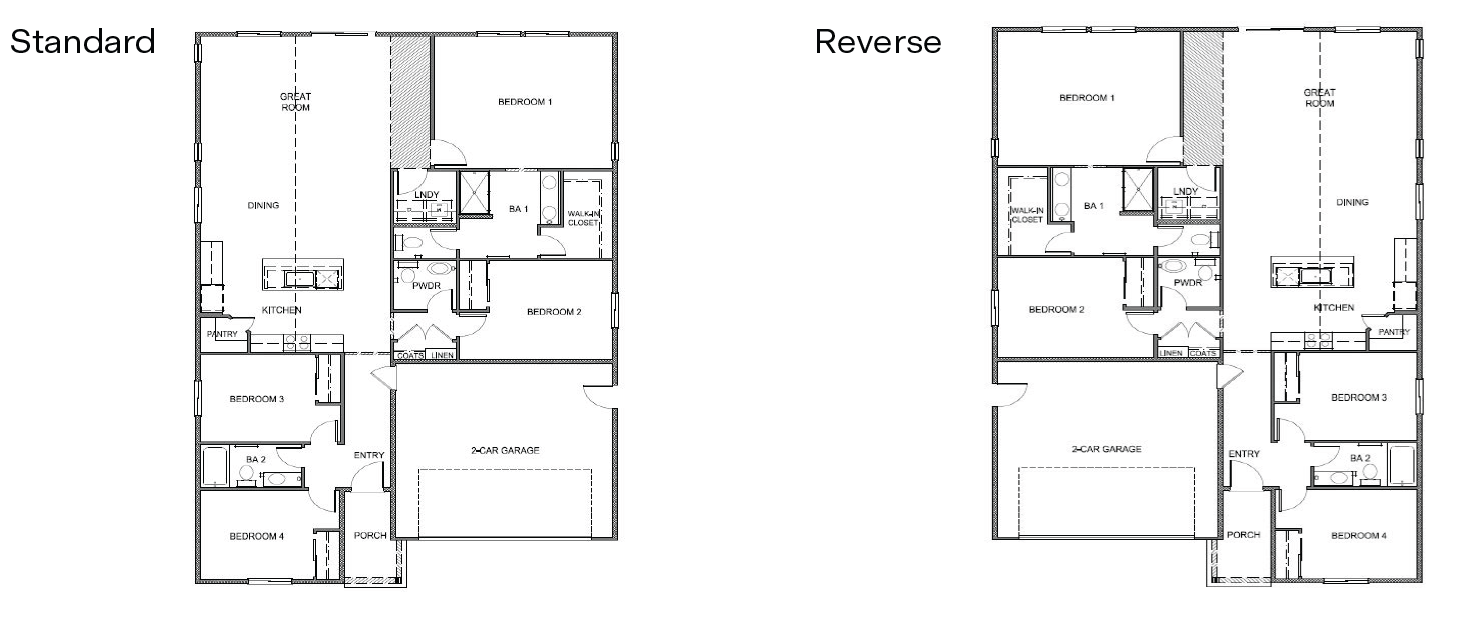 Standard and reverse single-story Tahoe floorplan with four bedrooms and two and a half bathrooms
