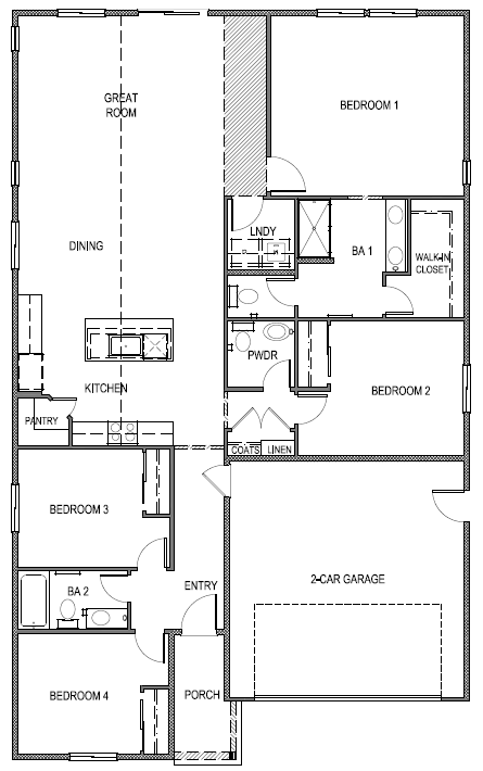 Standard single-story Tahoe floorplan with four bedrooms and two bathrooms
