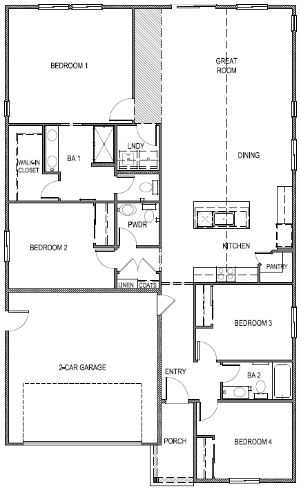 Reverse single-story Tahoe floorplan with four bedrooms and two bathrooms