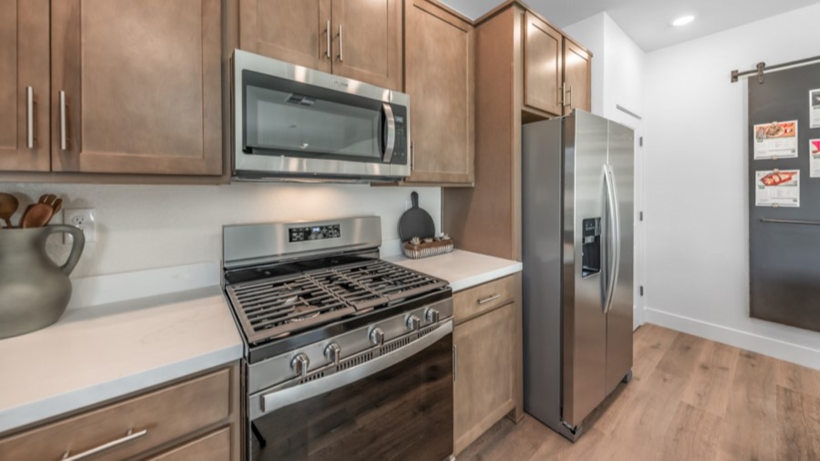 Stainless steel appliances in kitchen