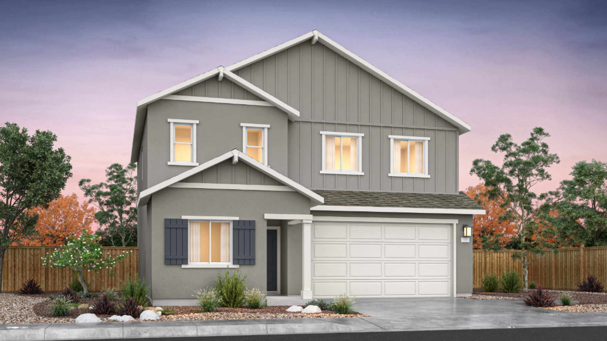 Two-story plan Zion exterior rendering with stucco and board and baton exterior accents