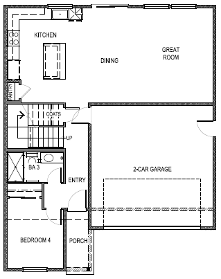 Standard Zion floorplan first floor layout with open-concept living area, two-car garage, and bedroom downstairs