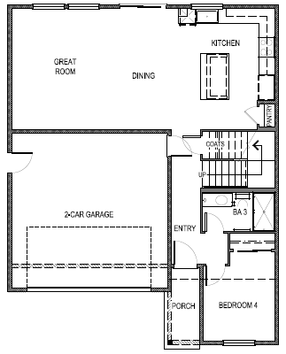Reverse Zion floorplan first floor layout with open-concept living area, two-car garage, and bedroom downstairs