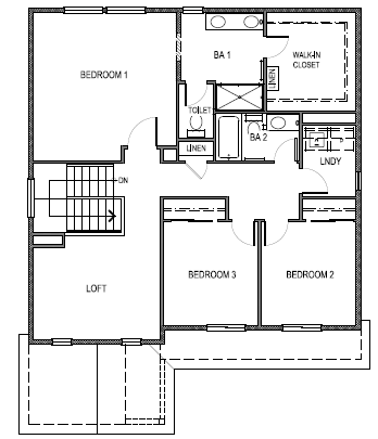 Standard Zion floorplan second floor layout with a large loft, three bedrooms and laundry room