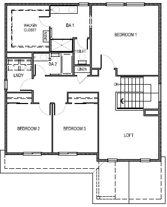 Reverse Zion floorplan second floor layout with a large loft, three bedrooms and laundry room