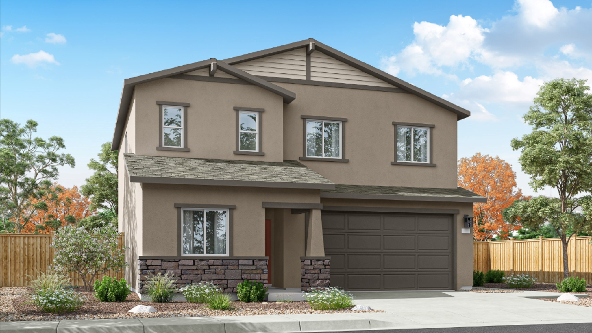 Two-story Zion floorplan exterior rendering with stone and stucco exterior
