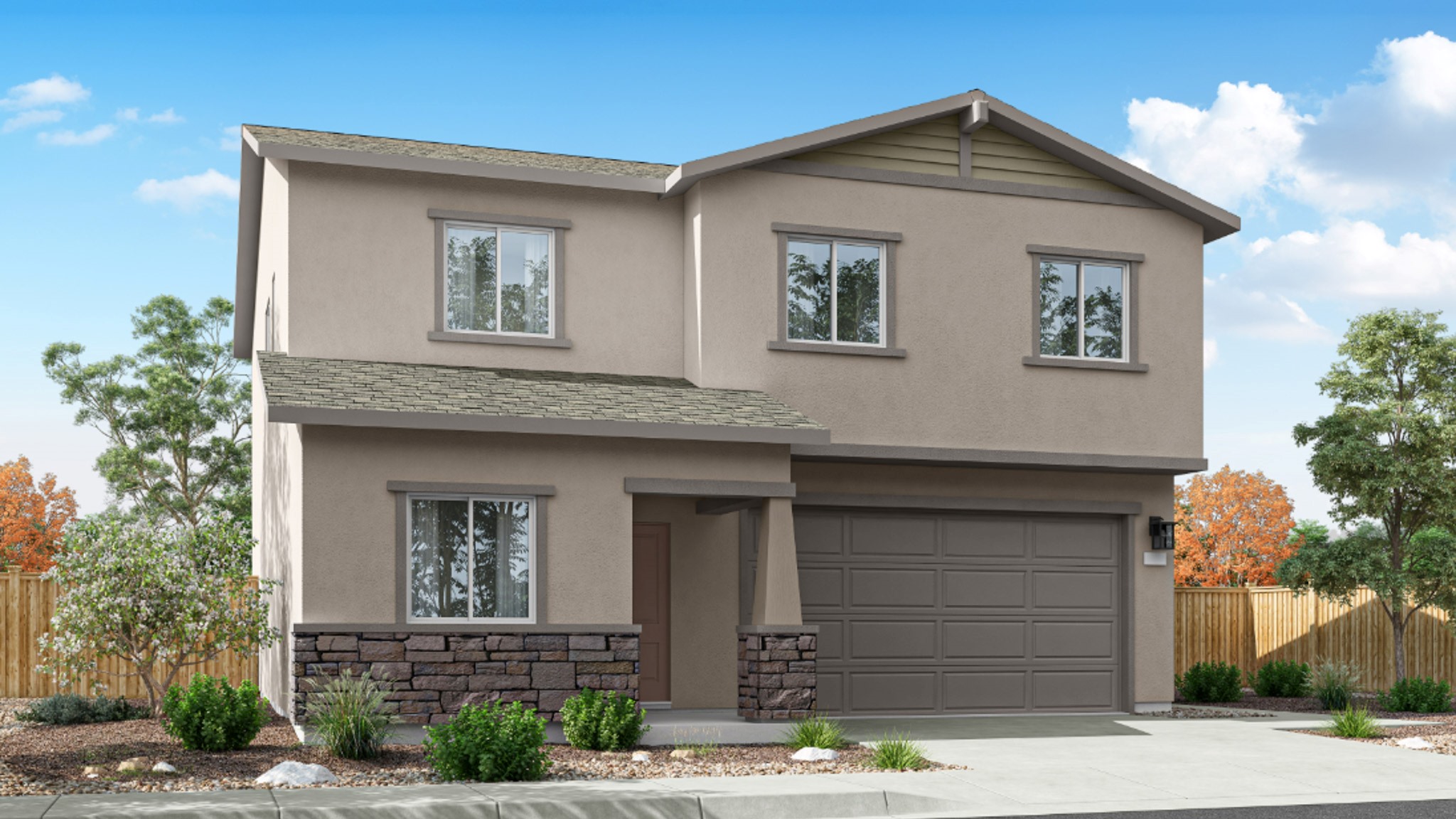 Front rendering of the Yosemite floorplan, elevation B with a 2 car garage