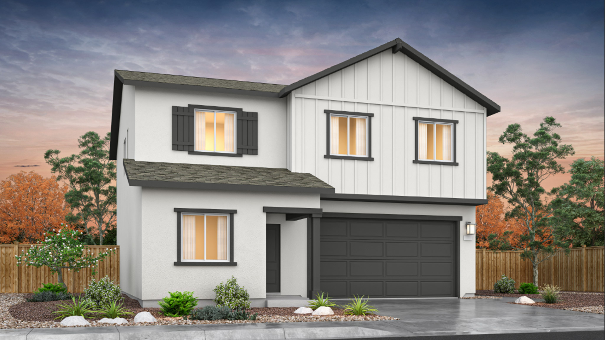 Two-story Yosemite rendering with garage at the front of the home and stucco exterior